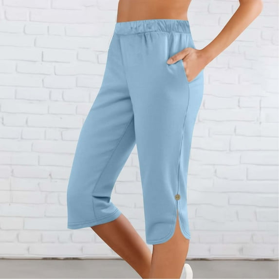 tarylea Capri Pants for Women Elastic Waist Slit Hem Trousers Drawstring Solid Color Pants with Pockets Casual Fitted Dressy Pants