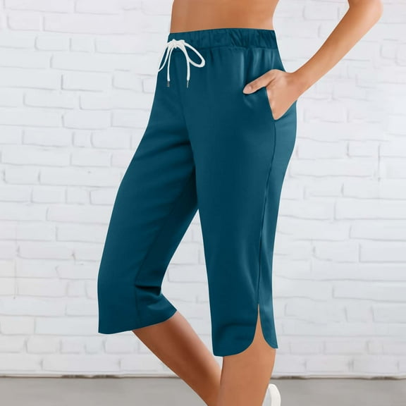 tarylea Capri Pants for Women Elastic Waist Slit Hem Trousers Drawstring Solid Color Pants with Pockets Casual Fitted Dressy Pants