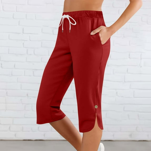 tarylea Capri Pants for Women Elastic Waist Slit Hem Trousers Drawstring Solid Color Pants with Pockets Casual Fitted Dressy Pants