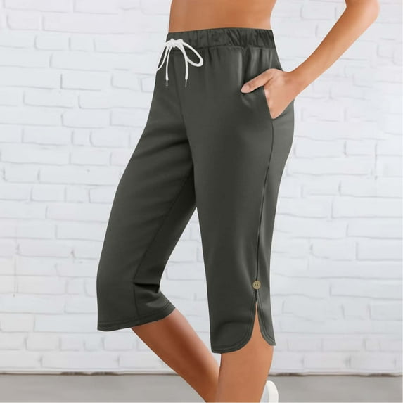 tarylea Capri Pants for Women Elastic Waist Slit Hem Trousers Drawstring Solid Color Pants with Pockets Casual Fitted Dressy Pants