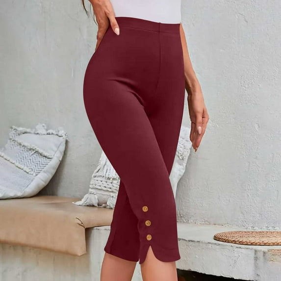 tarylea Capri Pants for Women High Rise Button Hem Pants Solid Color Slim Fitted Leggings 3/4 Length Casual Comfy Summer Stretch Trousers