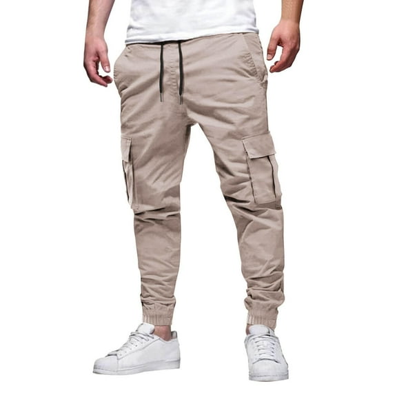 tarylea Cargo Pants for Men Drawstring Cinch Bottom Trousers Solid Color Elastic Waist Pants with Multi Pockets Casual Comfy out Door Pants