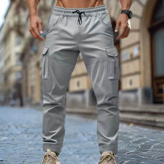 tarylea Cargo Pants for Men Elastic Waist Drawstring Trousers Solid Color Fitted Pants with Multi Pockets Casual Workout Pants