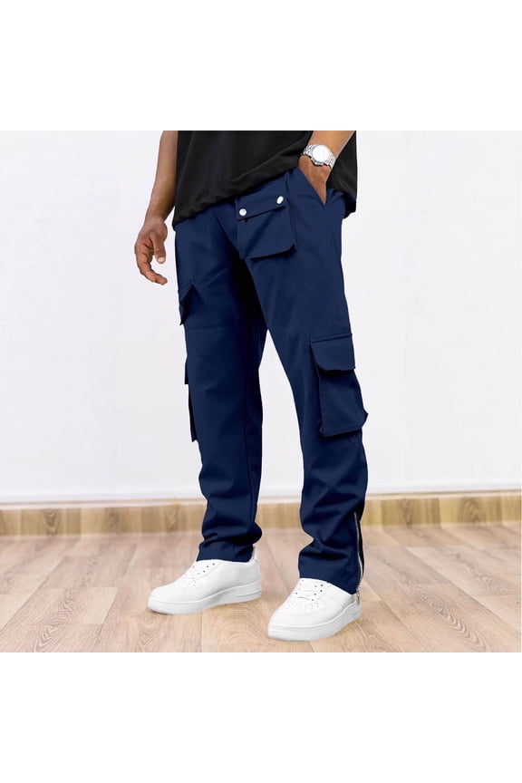 Cargo Pants for Men Side Zipper Elastic Waist Straight Leg Trousers with Multi Pockets Casual Loose Workout Pants