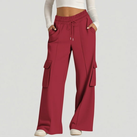 tarylea Cargo Pants for Women Elastic Waist Drawstring Trousers Solid Color Wide Leg Pants with Multi Pockets Casual Loose Workout Pants
