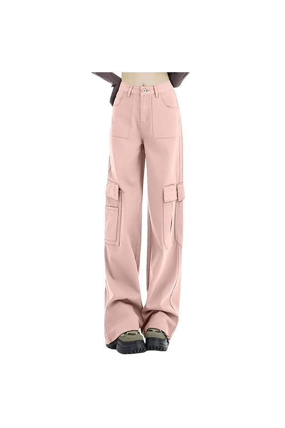 Cargo Pants for Women High Waist Cinch Bottom Pants Wide Leg Solid Color Trousers with Pockets Casual Loose Athletic Pants