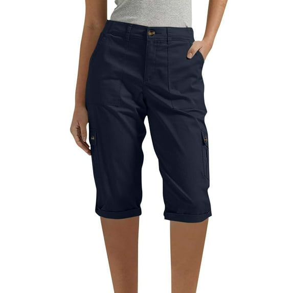 tarylea Cargo Pants for Women Knee Length Button Waist Trousers Solid Color Fitted Pants with Multi Pockets Casual Summer Pants