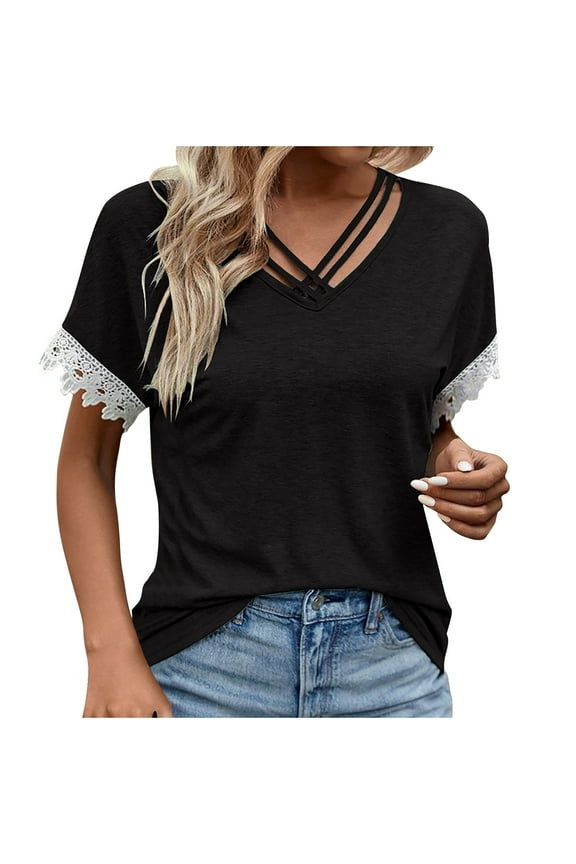 Casual Summer Tops Women Short Sleeve Lace Blocked Cross Front V Neck Loose Fitting Comfy Trendy Shirts