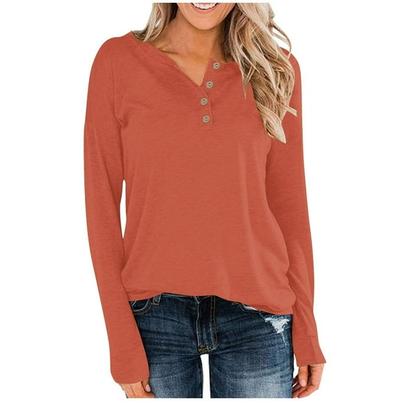 tarylea Casual Tops for Women Crew Neck Chest Button Pullover Top Loose Long Sleeve Shirts Solid Color Fall Dailywear