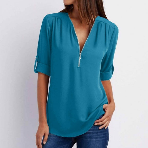 tarylea Chiffon Tops for Women Rolled Long Sleeve Half Zipper V Neck Irregular Hem T-Shirts Casual Comfy Summer Tops