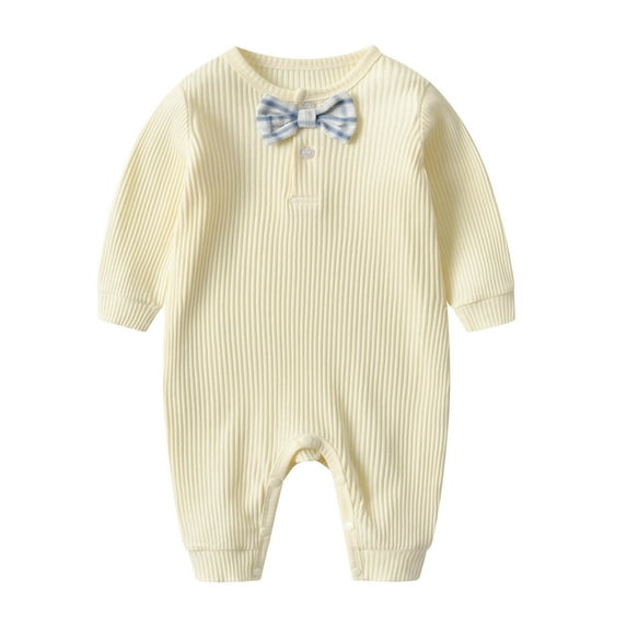 tarylea Clothes for Baby Girls Boys Crew Neck Button Rompers with Bow Tie Solid Color Long Sleeve Ribbed Outfits Casual Fall Basic Jumpsuits for 0-1.5 Years