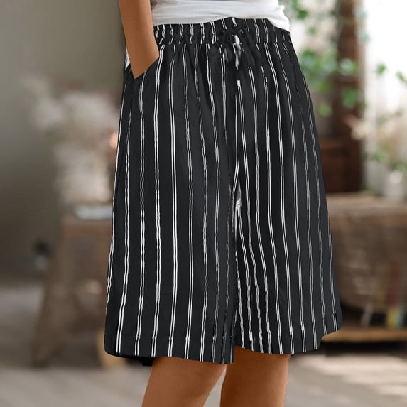 tarylea Cotton Linen Capri Pants for Women Stripe Elastic Waist Drawstring Wide Leg Pants Casual Summer Comfy Lightweight Breathable Pants