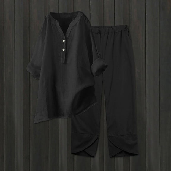 tarylea Cotton Linen Outfits for Women 3/4 Sleeve Notch Neck Button Shirts Irregular Hem Elastic Waist Pants Casual Lightweight Breathable 2 Piece Sets