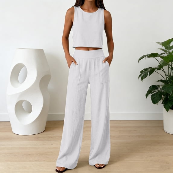 tarylea Cotton Linen Outfits for Women Sleeveless Crew Neck Crop Tank Tops Flat Front Straight Leg Pants Casual Loose Summer Lightweight Sets