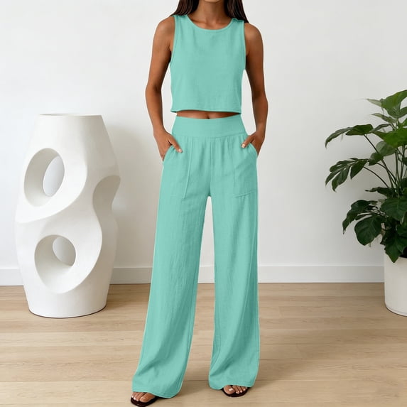 tarylea Cotton Linen Outfits for Women Sleeveless Crew Neck Crop Tank Tops Flat Front Straight Leg Pants Casual Loose Summer Lightweight Sets