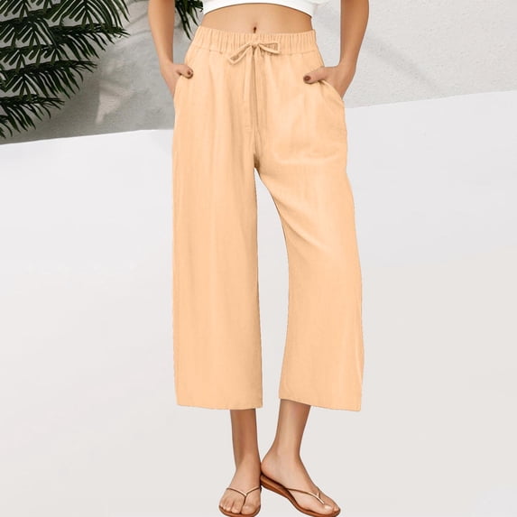 tarylea Cotton Linen Pants for Women Drawstring Elastic Waist Trousers Wide Leg Solid Color Pants with Pockets Casual Summer Lightweight Breathable Pants