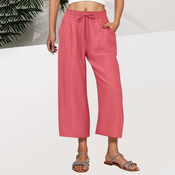 tarylea Cotton Linen Pants for Women Drawstring Elastic Waist Trousers Wide Leg Solid Color Pants with Pockets Casual Summer Lightweight Breathable Pants