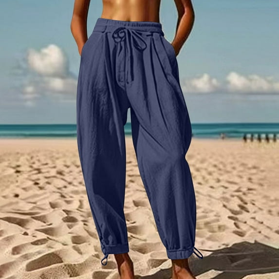 tarylea Cotton Linen Pants for Women Elastic Waist Drawstring Trousers Cinch Bottom Solid Color Pants Casual Comfy Breathable Basic Pants