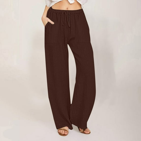tarylea Cotton Linen Pants for Women Elastic Waist Drawstring Trousers Solid Color Wide Leg Pants with Pockets Casual Loose Breathable Pants