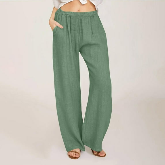 tarylea Cotton Linen Pants for Women Elastic Waist Trousers Solid Color Wide Leg Pants with Pockets Casual Loose Breathable Pants