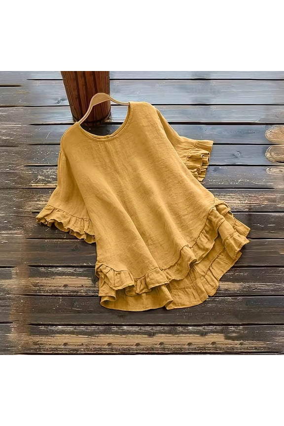 Cotton Linen Shirt for Women Short Sleeve Curved Hem Ruffled Blouse Casual Loose Lightweight Breathable Tops