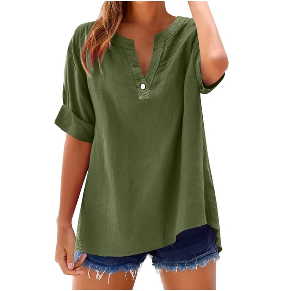 tarylea Cotton Linen Shirts for Women Notch Neck Button down Shirts Elbow Length Sleeve Solid Color Tops Casual Summer Breathable Tops