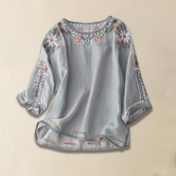 tarylea Cotton Linen Tops for Women 3/4 Sleeve Scoop Neck Embroidery Shirts Casual Loose Lightweight Breathable Tops