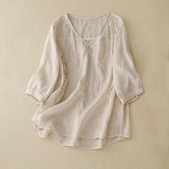 tarylea Cotton Linen Tops for Women 3/4 Sleeve V Neck Embroidery Shirts Casual Loose Lightweight Breathable Tops