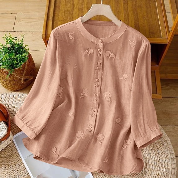 tarylea Cotton Linen Tops for Women Embroidery 3/4 Sleeve Button down Crew Neck Blouse Tops Casual Boho Dressy Tops