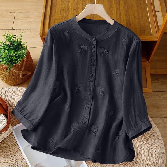 tarylea Cotton Linen Tops for Women Embroidery 3/4 Sleeve Button down Crew Neck Blouse Tops Casual Boho Dressy Tops