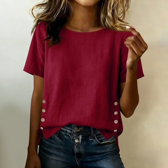tarylea Cotton Linen Tops for Women Short Sleeve Side Button Scoop Neck T-Shirts Casual Loose Summer Lightweight Trendy Tops