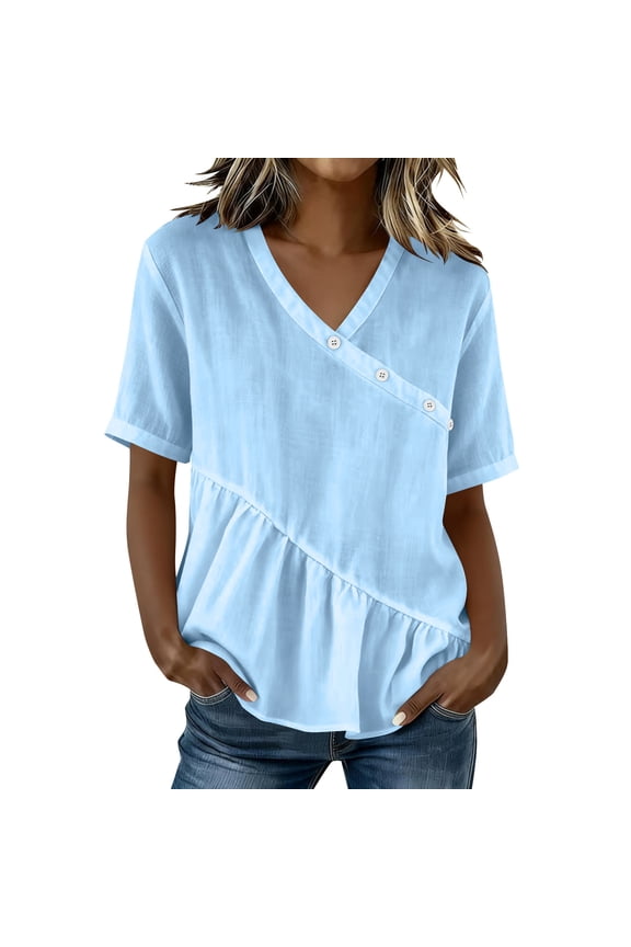 Cotton Linen Womens Blouses Wrap V Neck Button Decor Flowy Ruffled Peplum Shirts Casual Summer Shirts