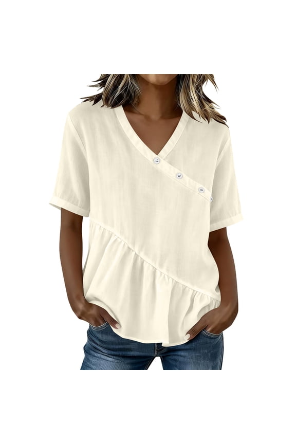 Cotton Linen Womens Blouses Wrap V Neck Button Decor Flowy Ruffled Peplum Shirts Casual Summer Shirts