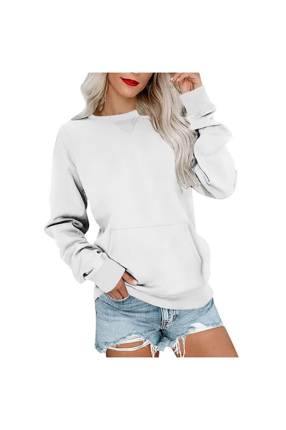 Crew Neck Sweatshirt for Women Front Pocket Pullover Long Sleeve Solid Color Loose Tops Casual Wear