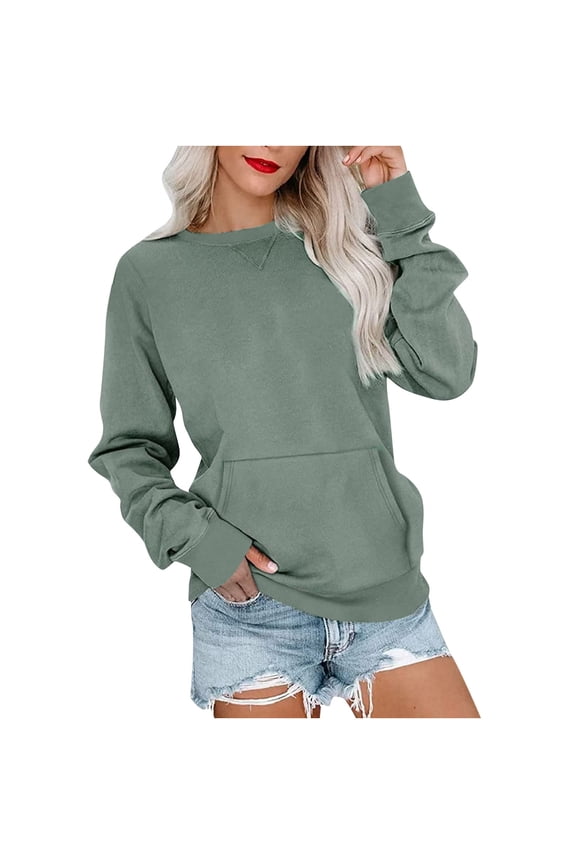 Crew Neck Sweatshirt for Women Front Pocket Pullover Long Sleeve Solid Color Loose Tops Casual Wear