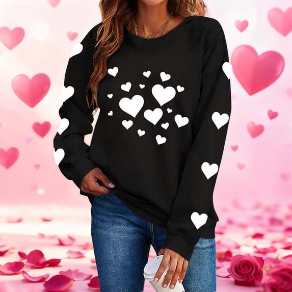 tarylea Crew Neck Sweatshirt for Women Heart Printed Long Sleeve Pullover Casual Loose Spring Comfy Festival Cute Blouse Tops