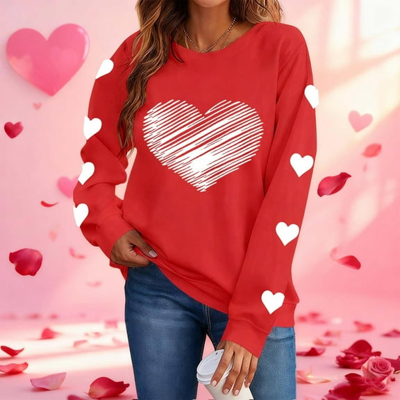tarylea Crew Neck Sweatshirt for Women Heart Printed Long Sleeve Pullover Casual Loose Spring Comfy Festival Cute Blouse Tops