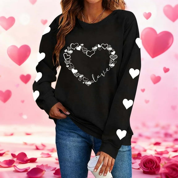 tarylea Crew Neck Sweatshirt for Women Heart Printed Long Sleeve Pullover Casual Loose Spring Comfy Festival Cute Blouse Tops