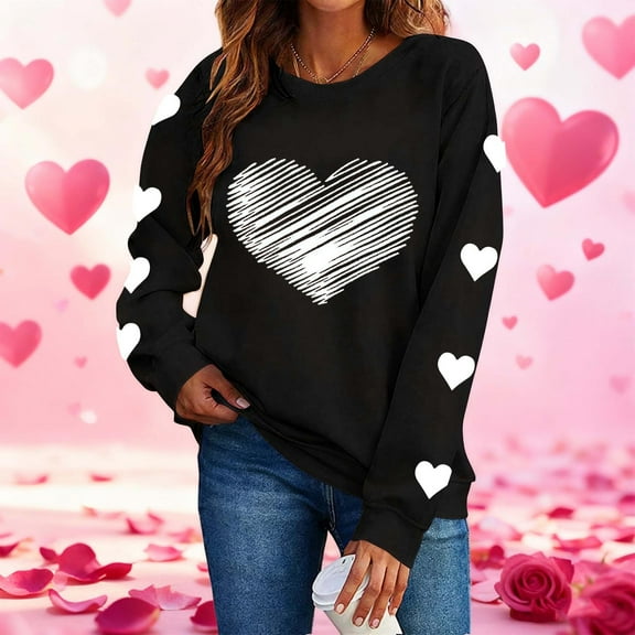 tarylea Crew Neck Sweatshirt for Women Heart Printed Long Sleeve Pullover Casual Loose Spring Comfy Festival Cute Blouse Tops