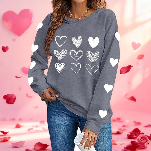 tarylea Crew Neck Sweatshirt for Women Heart Printed Long Sleeve Pullover Casual Loose Spring Comfy Festival Cute Blouse Tops