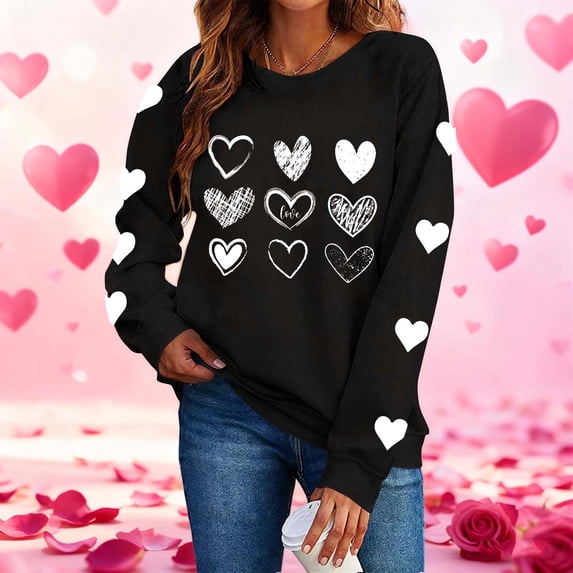 tarylea Crew Neck Sweatshirt for Women Heart Printed Long Sleeve Pullover Casual Loose Spring Comfy Festival Cute Blouse Tops