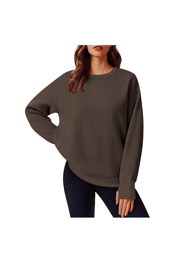 Crew Neck Sweatshirt for Women Long Sleeve Pullover with Thumb Holes Solid Color Tops Casual Loose Basic Athletic Tops