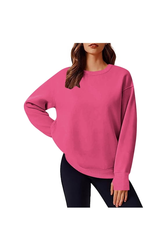 Crew Neck Sweatshirt for Women Long Sleeve Pullover with Thumb Holes Solid Color Tops Casual Loose Basic Athletic Tops
