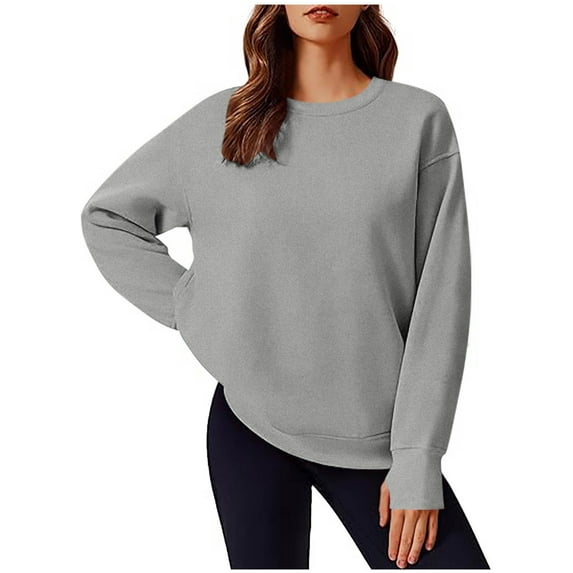 tarylea Crew Neck Sweatshirt for Women Long Sleeve Pullover with Thumb Holes Solid Color Tops Casual Loose Basic Athletic Tops