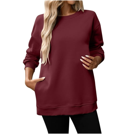 tarylea Crew Neck Sweatshirt for Women Long Sleeve Solid Color Split Hem Pullover with Pockets Casual Loose Fall Basic Comfy Tops