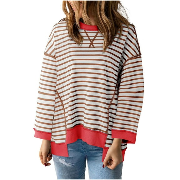 tarylea Crew Neck Sweatshirt for Women Long Sleeve Striped Pullover Irregular Color Blocked Tops Casual Loose Fall Blouse