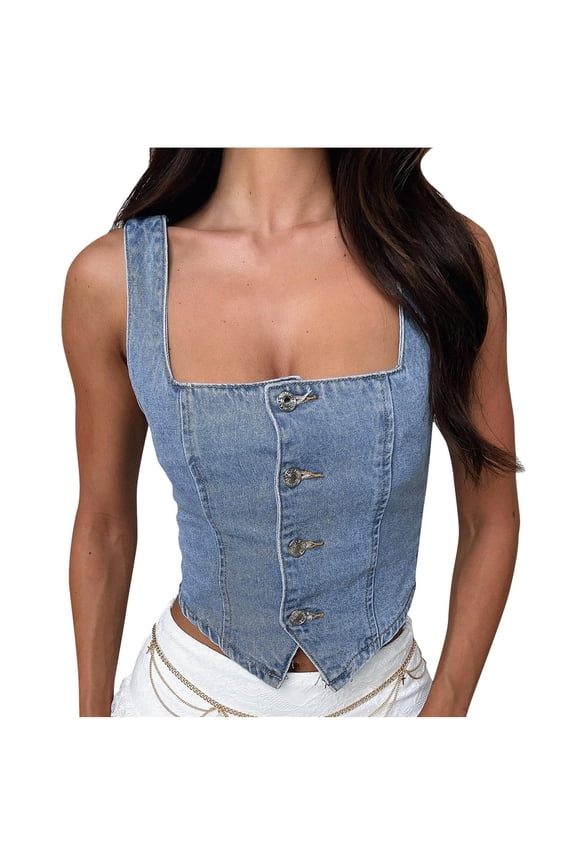 Crop Tank Tops for Women Jean Denim Going Out Tops Sleeveless Button up Square Neck Slim Fitted Cute Shirts