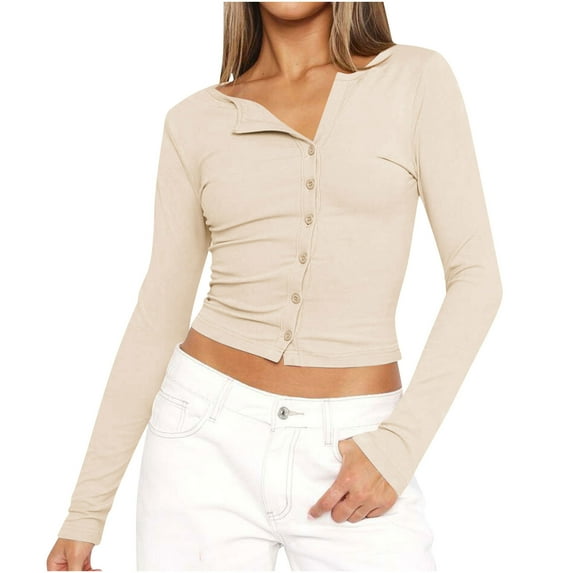 tarylea Crop Tops for Women Crew Neck Button down Tops Long Sleeve Solid Color Fitted Tops Fall Casual Wear