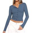 thumbnail image 1 of tarylea Crop Tops for Women Crew Neck Button down Tops Long Sleeve Solid Color Fitted Tops Fall Casual Wear, 1 of 3