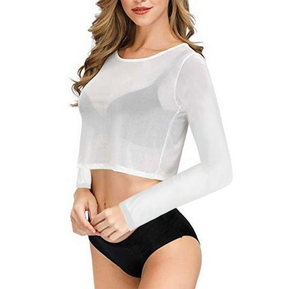 tarylea Crop Tops for Women Crew Neck See Through Shirts Solid Color Long Sleeve Tops Casual Going out Tops